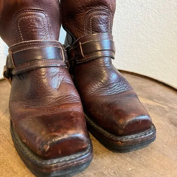 FRYE Harness Brown Leather Belted Square Toe Riding Boots Women's Size 6 - Picture 4 of 16